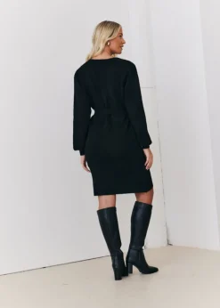 In The Style Stacey Solomon Black Pearl Button Detail Knit Belted Mini Dress