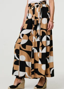 Izabel London Beige Abstract High Waist Wide Leg Trousers