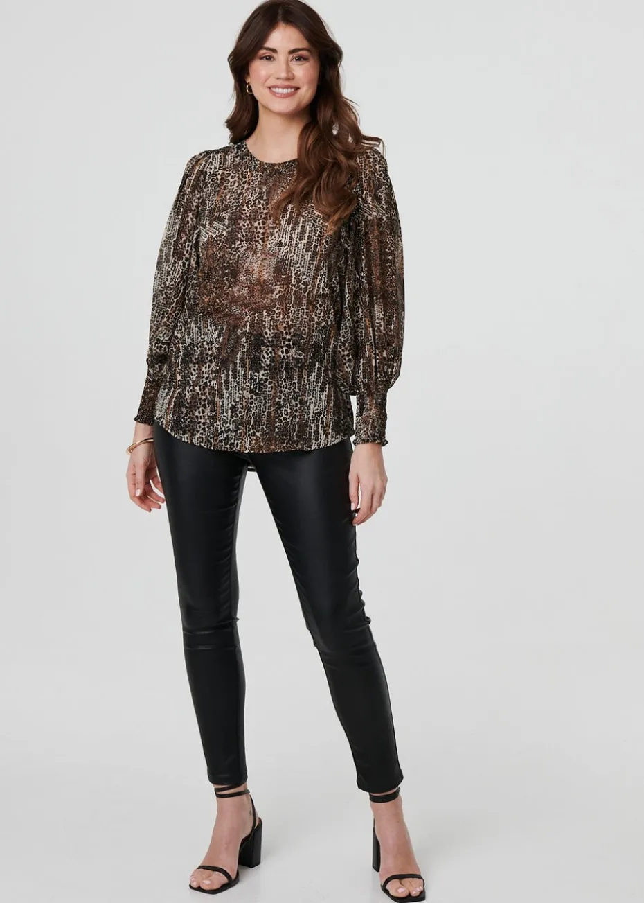 Izabel London Beige Animal Print Sheer Mesh Blouse