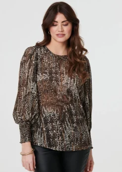 Izabel London Beige Animal Print Sheer Mesh Blouse