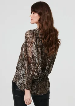 Izabel London Beige Animal Print Sheer Mesh Blouse