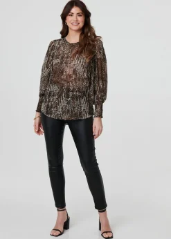 Izabel London Beige Animal Print Sheer Mesh Blouse
