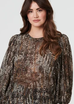 Izabel London Beige Animal Print Sheer Mesh Blouse