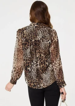 Izabel London Beige Animal Print Tie Neck Long Sleeve Blouse