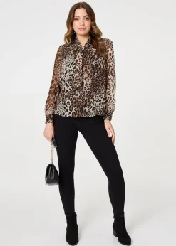 Izabel London Beige Animal Print Tie Neck Long Sleeve Blouse