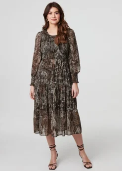 Izabel London Beige Animal Print Long Puff Sleeve Maxi Dress