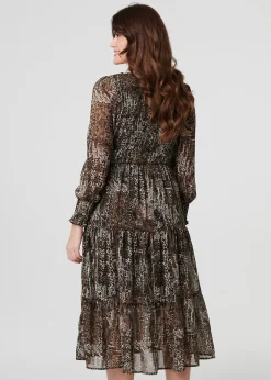 Izabel London Beige Animal Print Long Puff Sleeve Maxi Dress