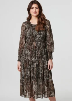 Izabel London Beige Animal Print Long Puff Sleeve Maxi Dress