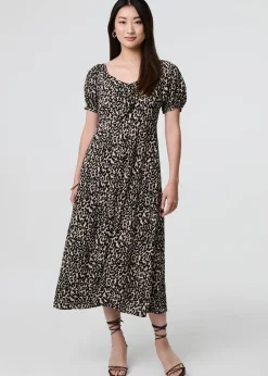 Izabel London Beige Animal Print Short Puff Sleeve Maxi Dress