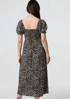 Izabel London Beige Animal Print Short Puff Sleeve Maxi Dress