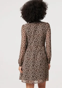 Izabel London Beige Animal Print Long Sleeve Midi Dress