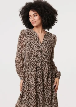 Izabel London Beige Animal Print Long Sleeve Midi Dress