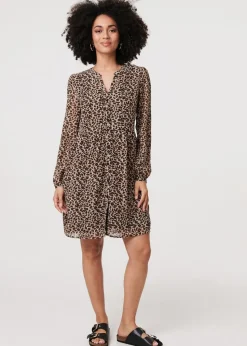 Izabel London Beige Animal Print Long Sleeve Midi Dress
