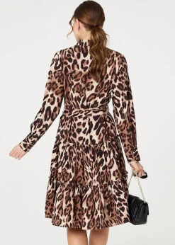 Izabel London Beige Animal Print Tiered Short Shirt Dress