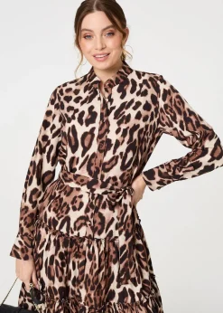 Izabel London Beige Animal Print Tiered Short Shirt Dress