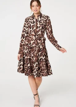 Izabel London Beige Animal Print Tiered Short Shirt Dress