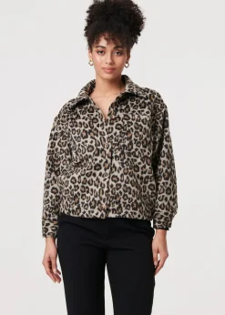 Izabel London Beige Animal Print Flannel Shirt Jacket