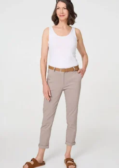 Izabel London Beige Belt Detail Slim Fit Cropped Trousers