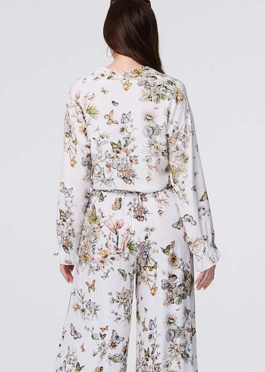 Izabel London Beige Butterfly Print Long Sleeve Shirt