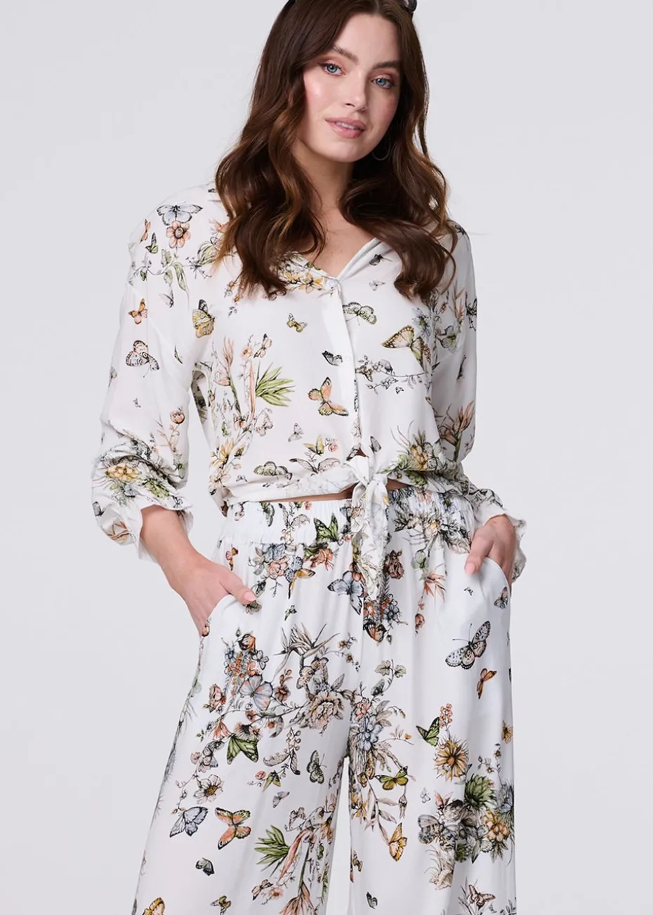 Izabel London Beige Butterfly Print Long Sleeve Shirt