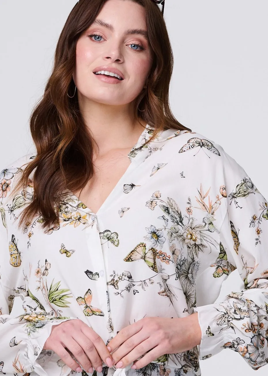 Izabel London Beige Butterfly Print Long Sleeve Shirt