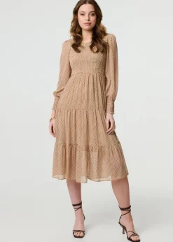 Izabel London Beige Dot Print Semi Sheer Tiered Midi Dress