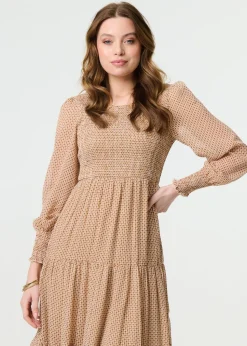 Izabel London Beige Dot Print Semi Sheer Tiered Midi Dress