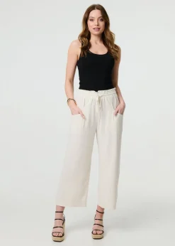 Izabel London Beige Elasticated Waist Crop Wide Leg Trousers
