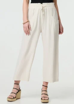 Izabel London Beige Elasticated Waist Crop Wide Leg Trousers
