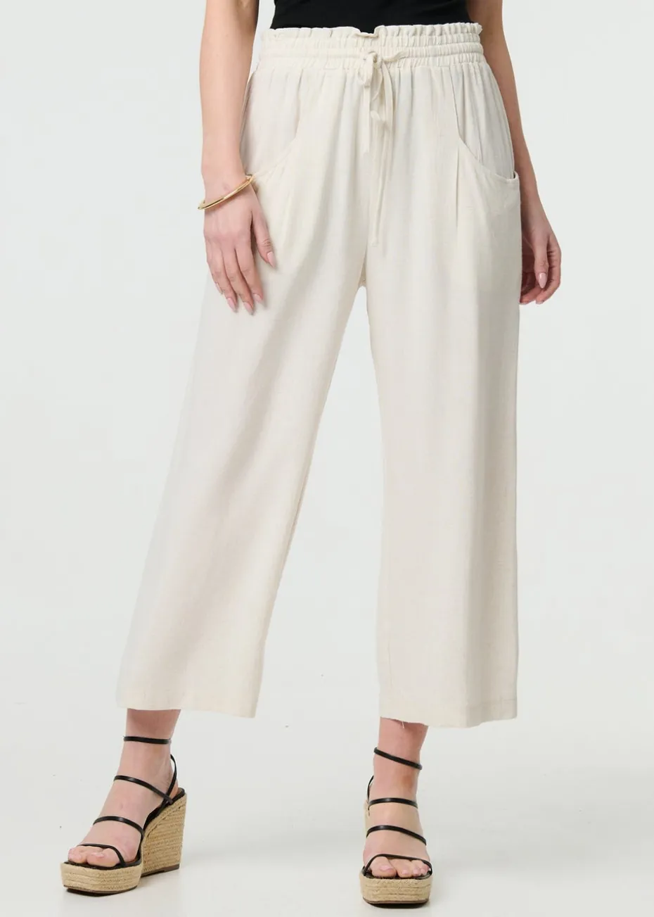 Izabel London Beige Elasticated Waist Crop Wide Leg Trousers