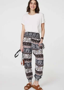 Izabel London Beige Elephant Print High Waist Harem Pants