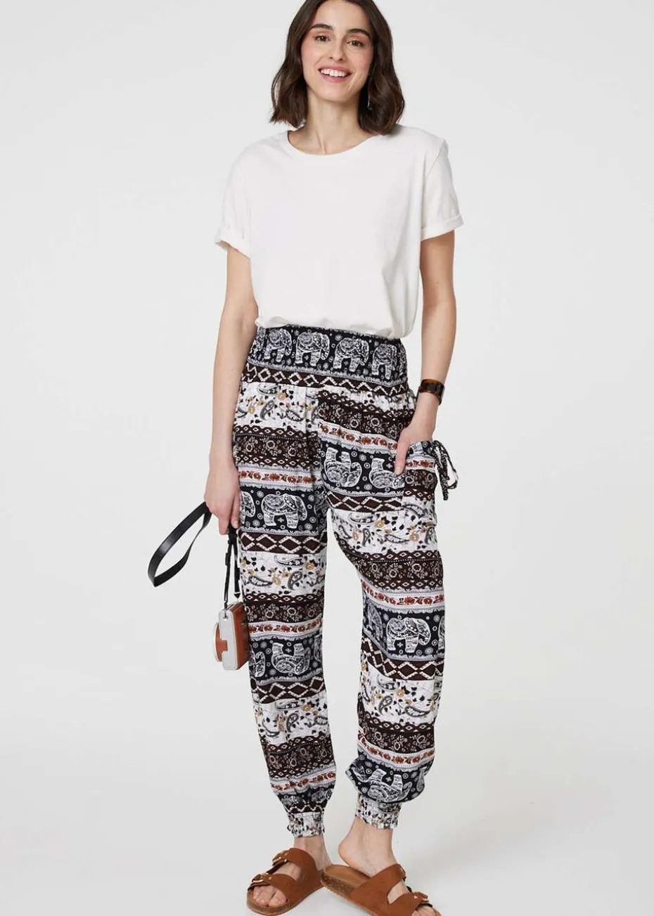 Izabel London Beige Elephant Print High Waist Harem Pants