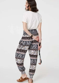 Izabel London Beige Elephant Print High Waist Harem Pants