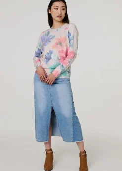 Izabel London Beige Floral Diamante Detail Long Sleeve Jumper