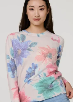 Izabel London Beige Floral Diamante Detail Long Sleeve Jumper