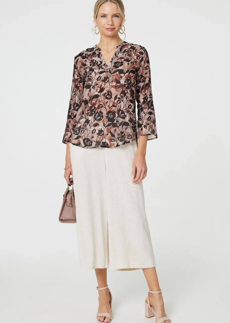 Izabel London Beige Floral Curve Hem Blouse