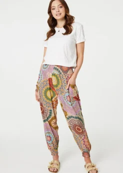 Izabel London Beige Kaleidoscope Print High Rise Harem Pants