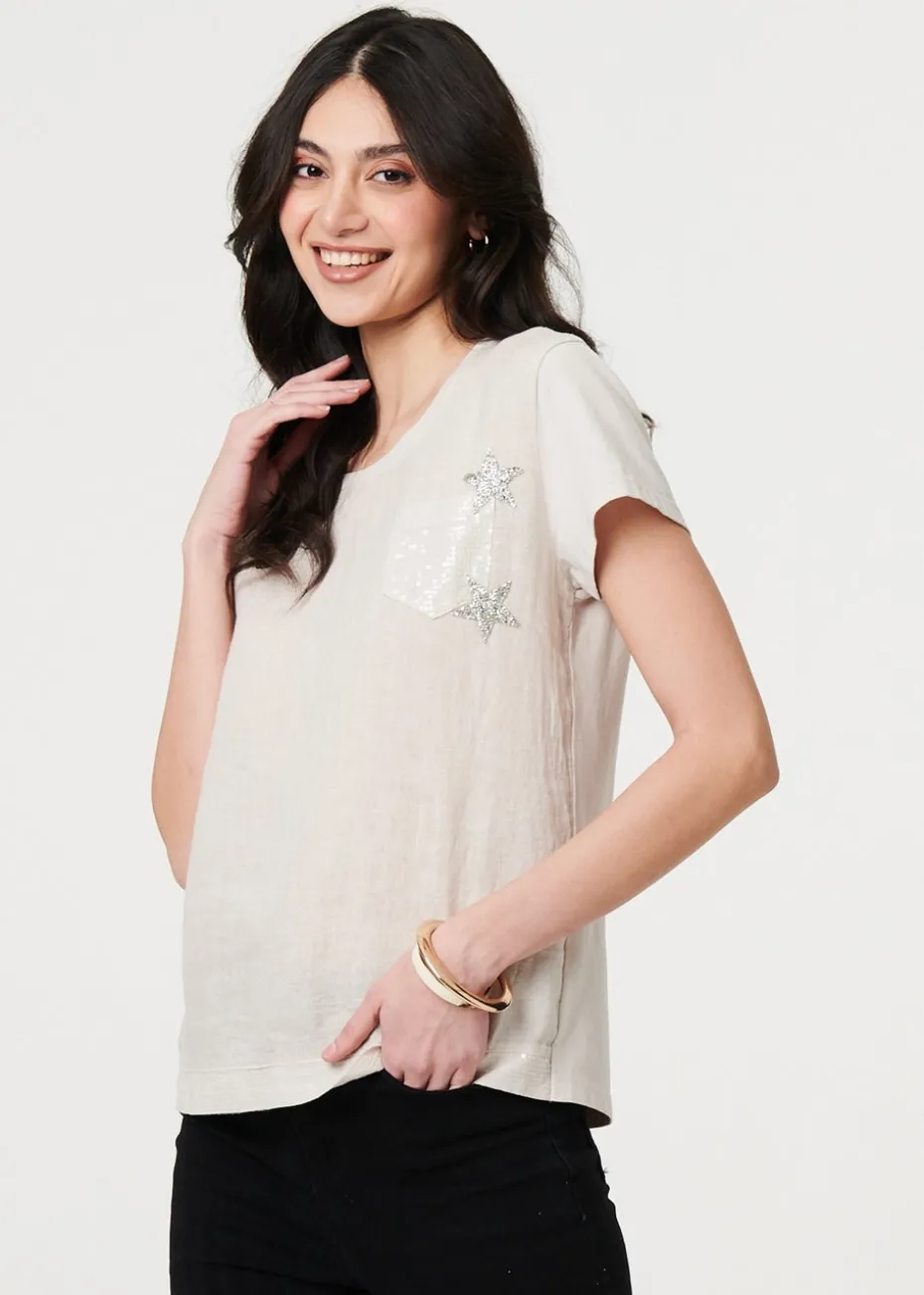 Izabel London Beige Metallic Star Detail Relaxed T Shirt