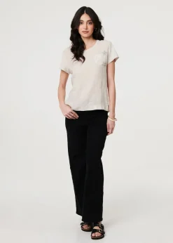 Izabel London Beige Metallic Star Detail Relaxed T Shirt