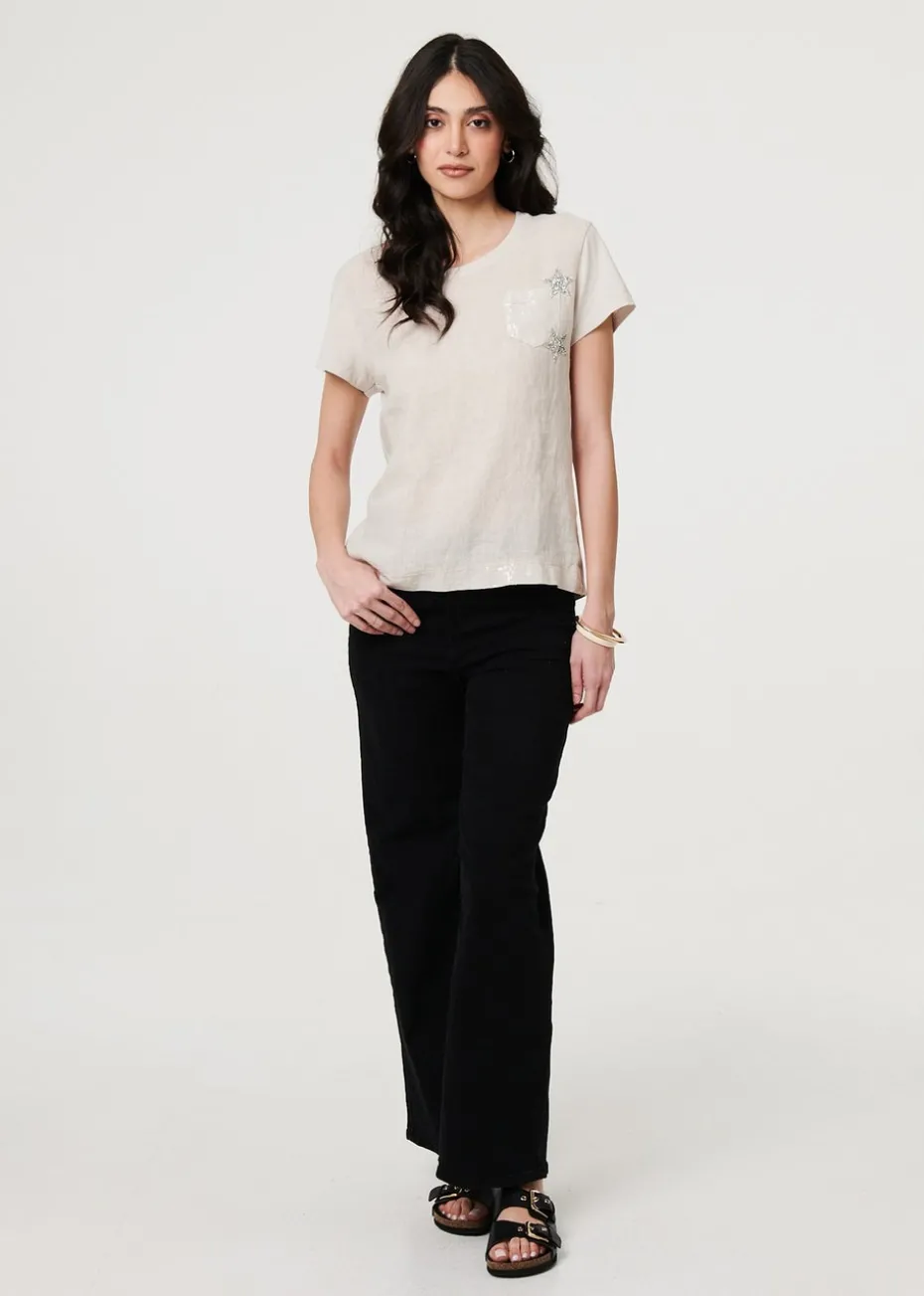 Izabel London Beige Metallic Star Detail Relaxed T Shirt
