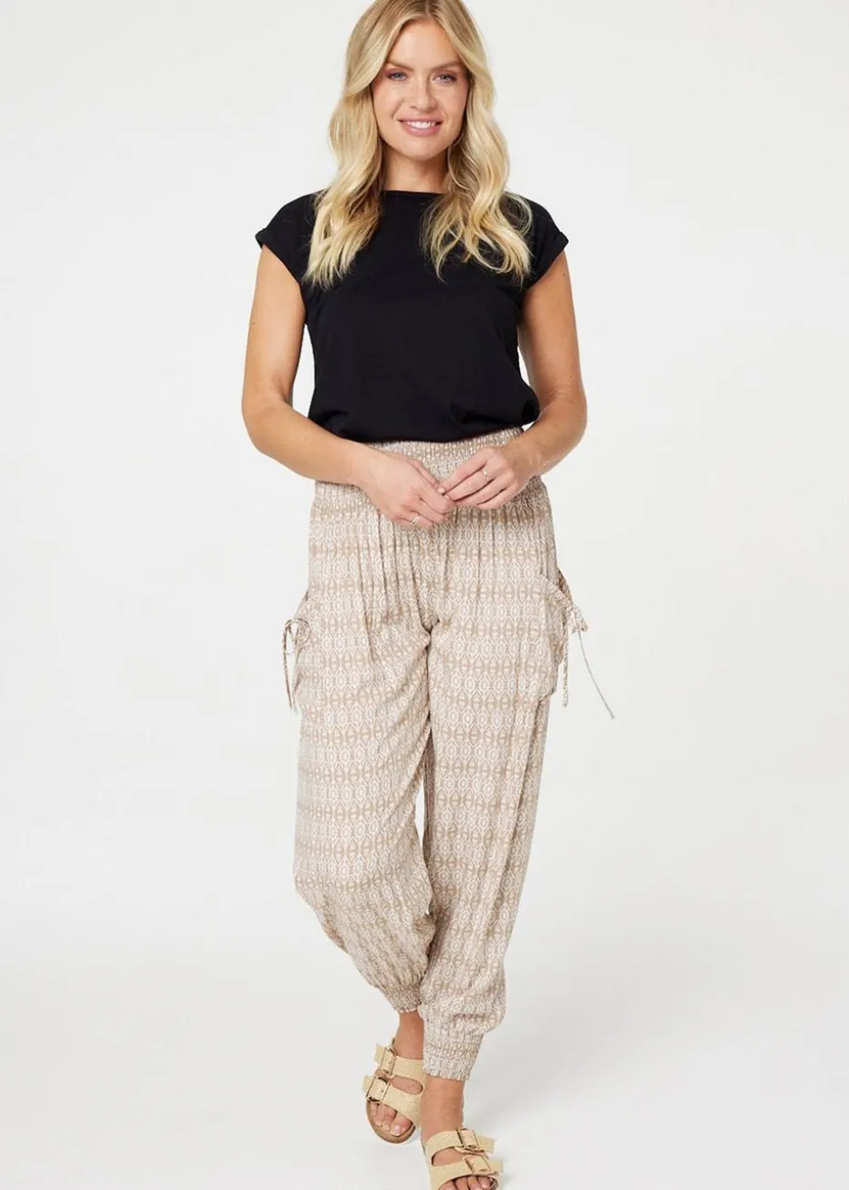 Izabel London Beige Printed Elasticated Harem Pants