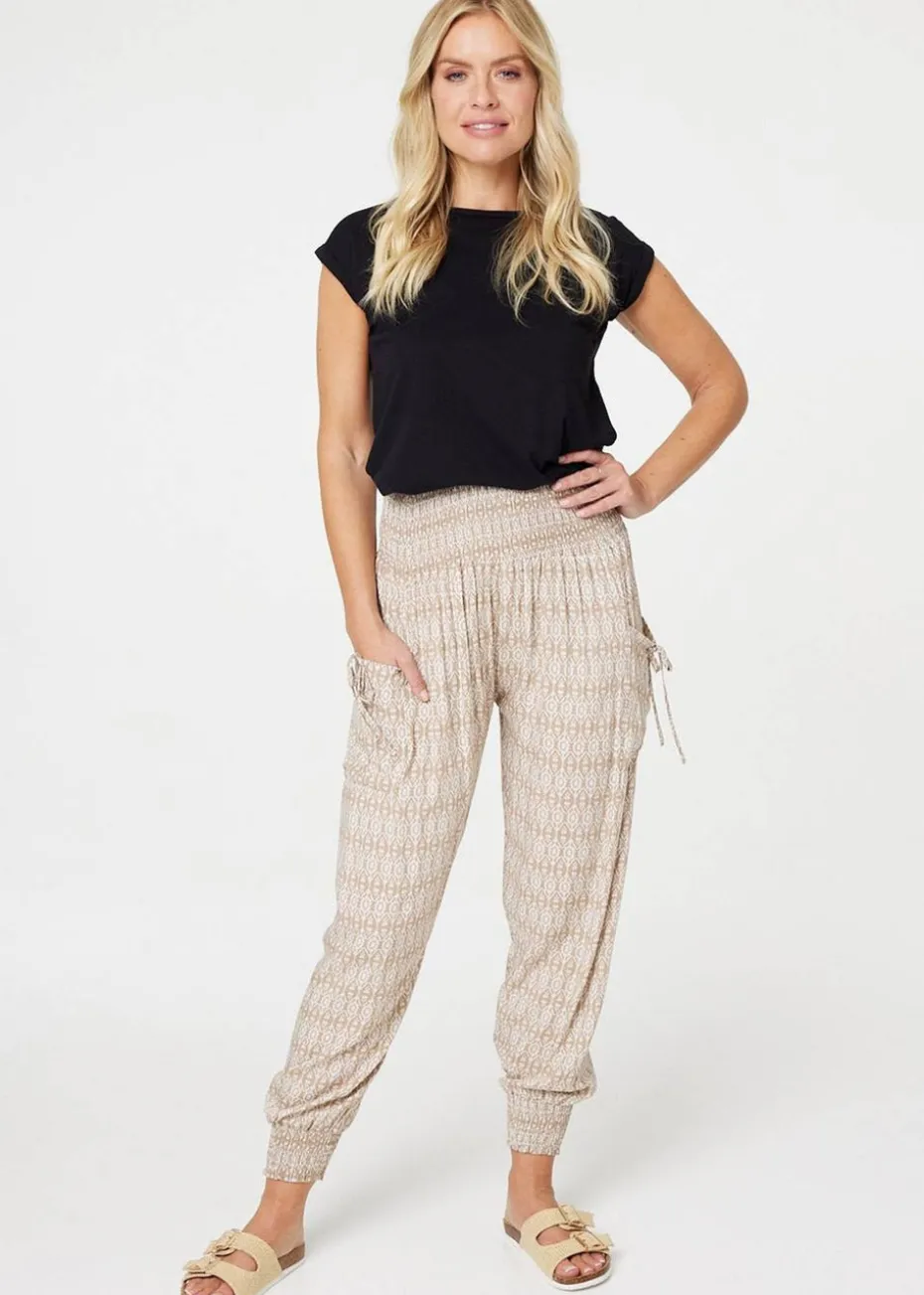 Izabel London Beige Printed Elasticated Harem Pants