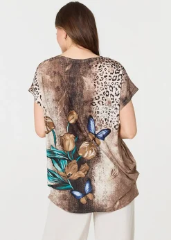 Izabel London Beige Printed Cap Sleeve Relaxed T-Shirt