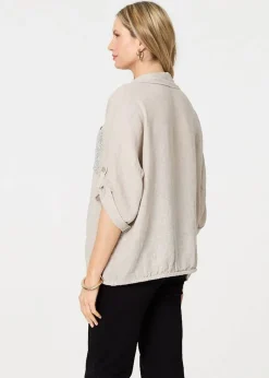 Izabel London Beige Sequin Detail 3/4 Turn-Up Sleeve Shirt