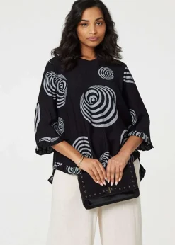 Izabel London Black Abstract Print Frill Hem Tunic Top