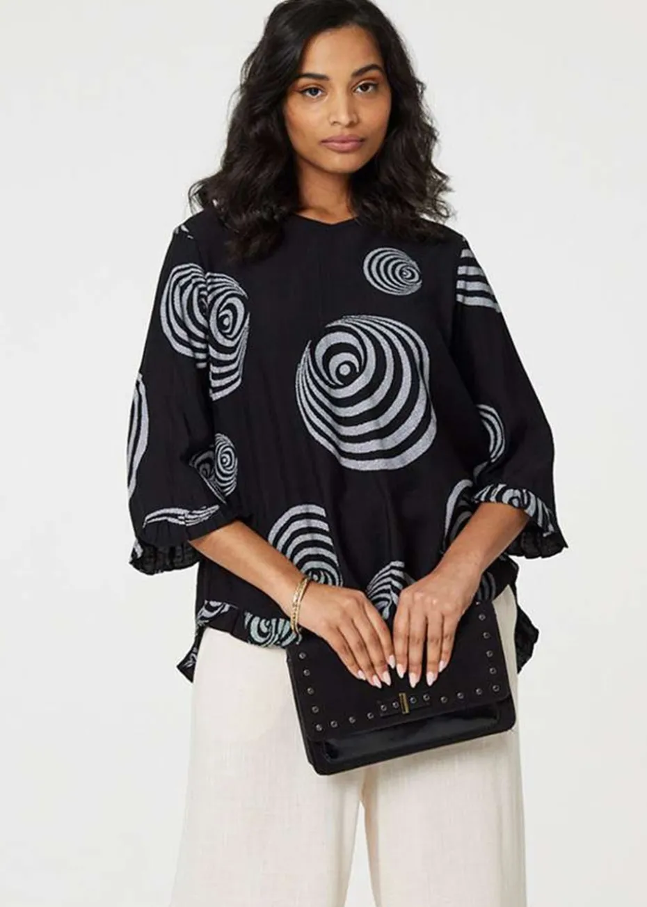 Izabel London Black Abstract Print Frill Hem Tunic Top