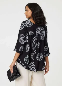 Izabel London Black Abstract Print Frill Hem Tunic Top