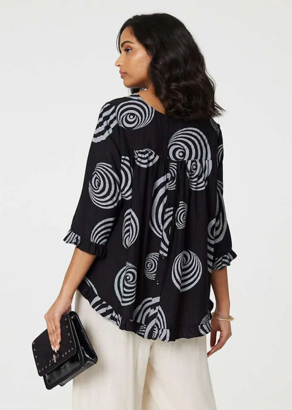 Izabel London Black Abstract Print Frill Hem Tunic Top