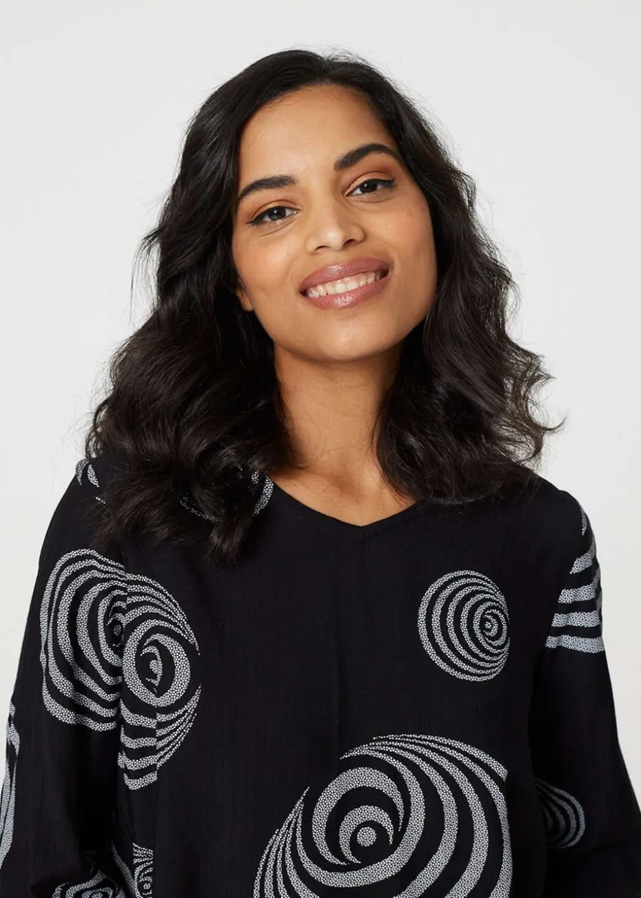 Izabel London Black Abstract Print Frill Hem Tunic Top