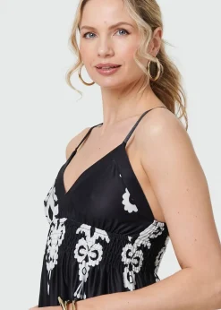 Izabel London Black & White Ikat Print Sleeveless Shirred Maxi Dress